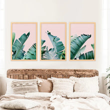 Load image into Gallery viewer, 3 Piece Tropical Set. Green Banana Leaf and Pink. Wood Frames
