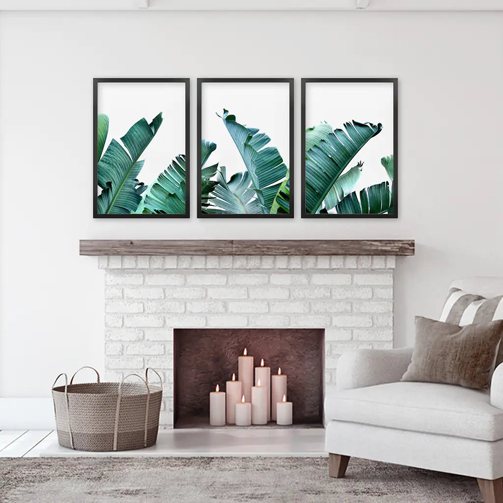 Tropical 3 Piece Set. Banana Green Large Leaves. Black Frames