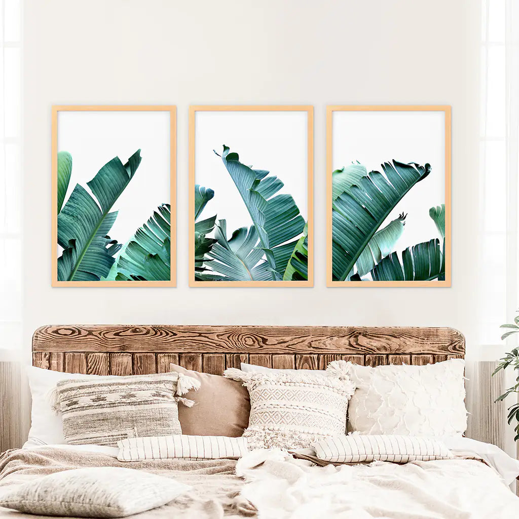 Tropical 3 Piece Set. Banana Green Large Leaves. Wood Frames