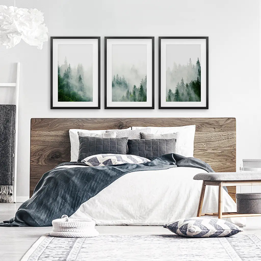 Green Foggy Forest 3 Panels Wall Decor. Black Frames with Mat