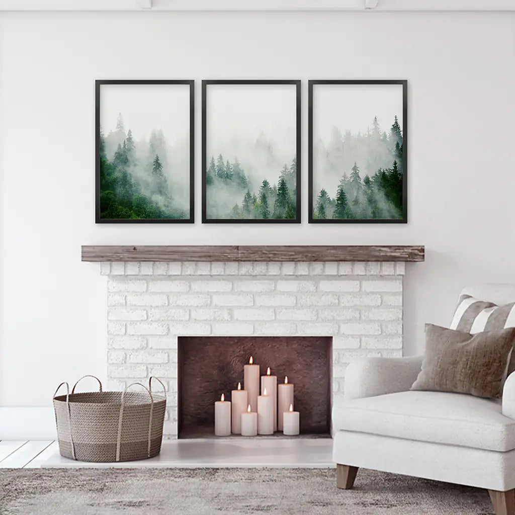 Green Foggy Forest 3 Panels Wall Decor. Black Frames