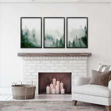 Load image into Gallery viewer, Green Foggy Forest 3 Panels Wall Decor. Black Frames
