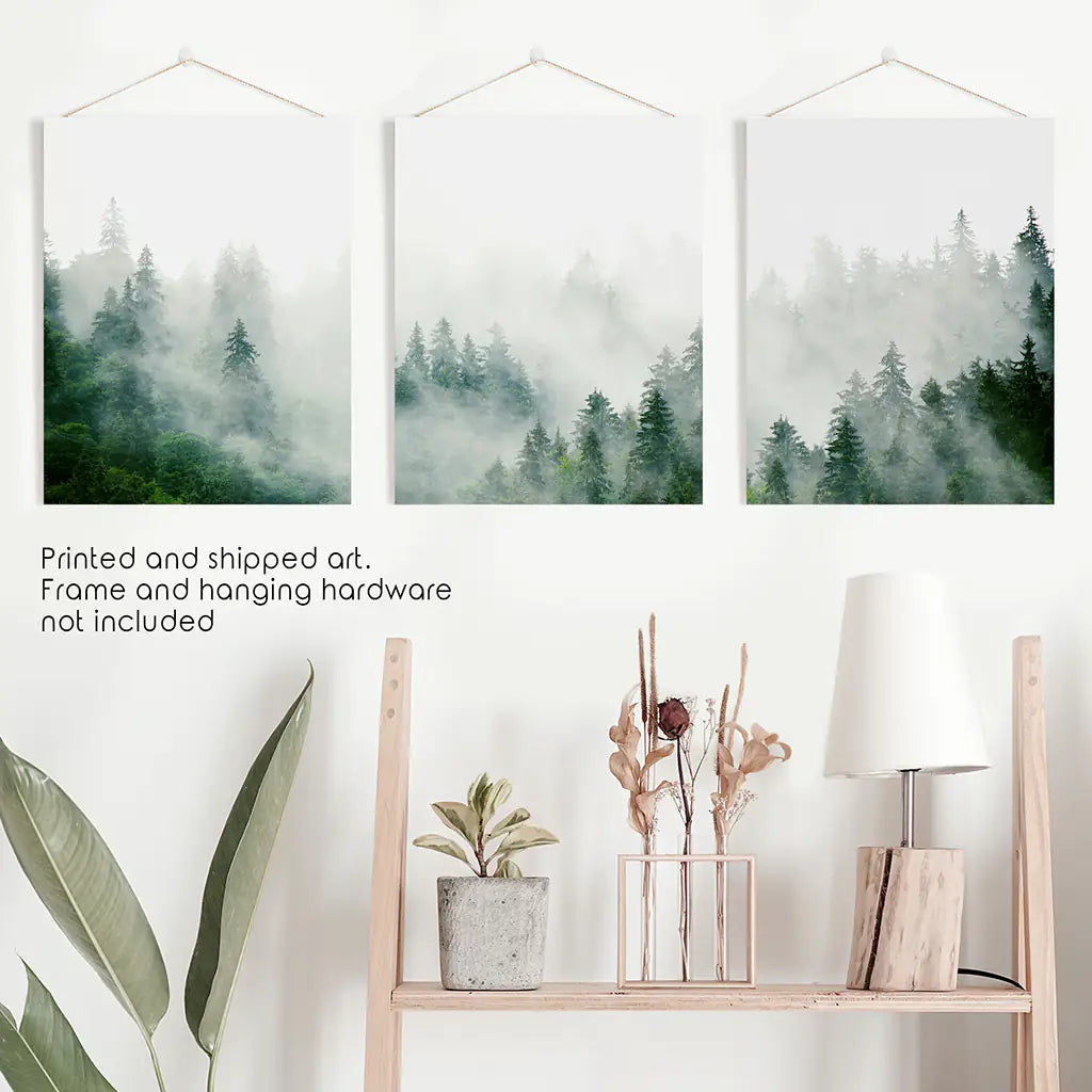 Green Foggy Forest 3 Panels Wall Decor. Unframed Art