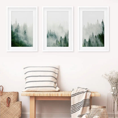 Green Foggy Forest 3 Panels Wall Decor. White Frames with Mat