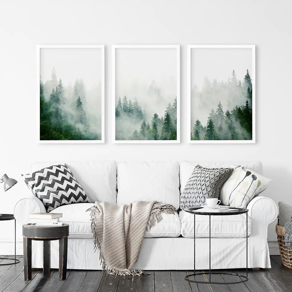 Green Foggy Forest 3 Panels Wall Decor. White Frames