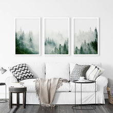 Load image into Gallery viewer, Green Foggy Forest 3 Panels Wall Decor. White Frames
