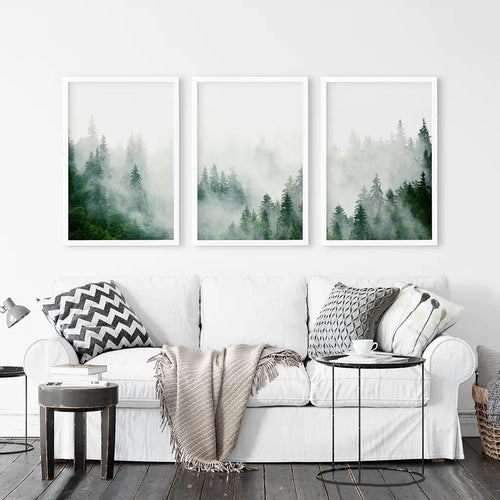 Grey green misty pine forest landscape Wall Mural