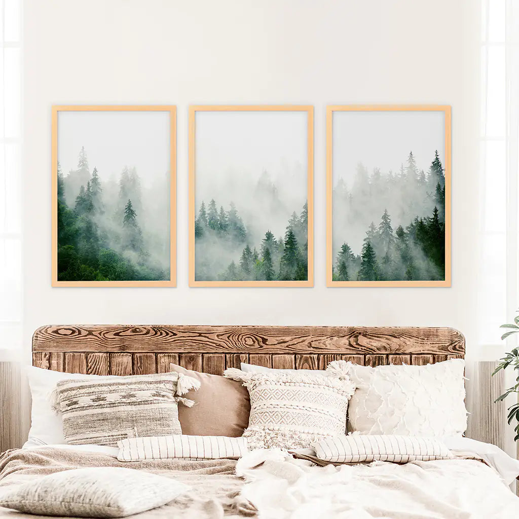 Green Foggy Forest 3 Panels Wall Decor. Wood Frames