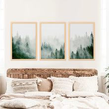 Load image into Gallery viewer, Green Foggy Forest 3 Panels Wall Decor. Wood Frames
