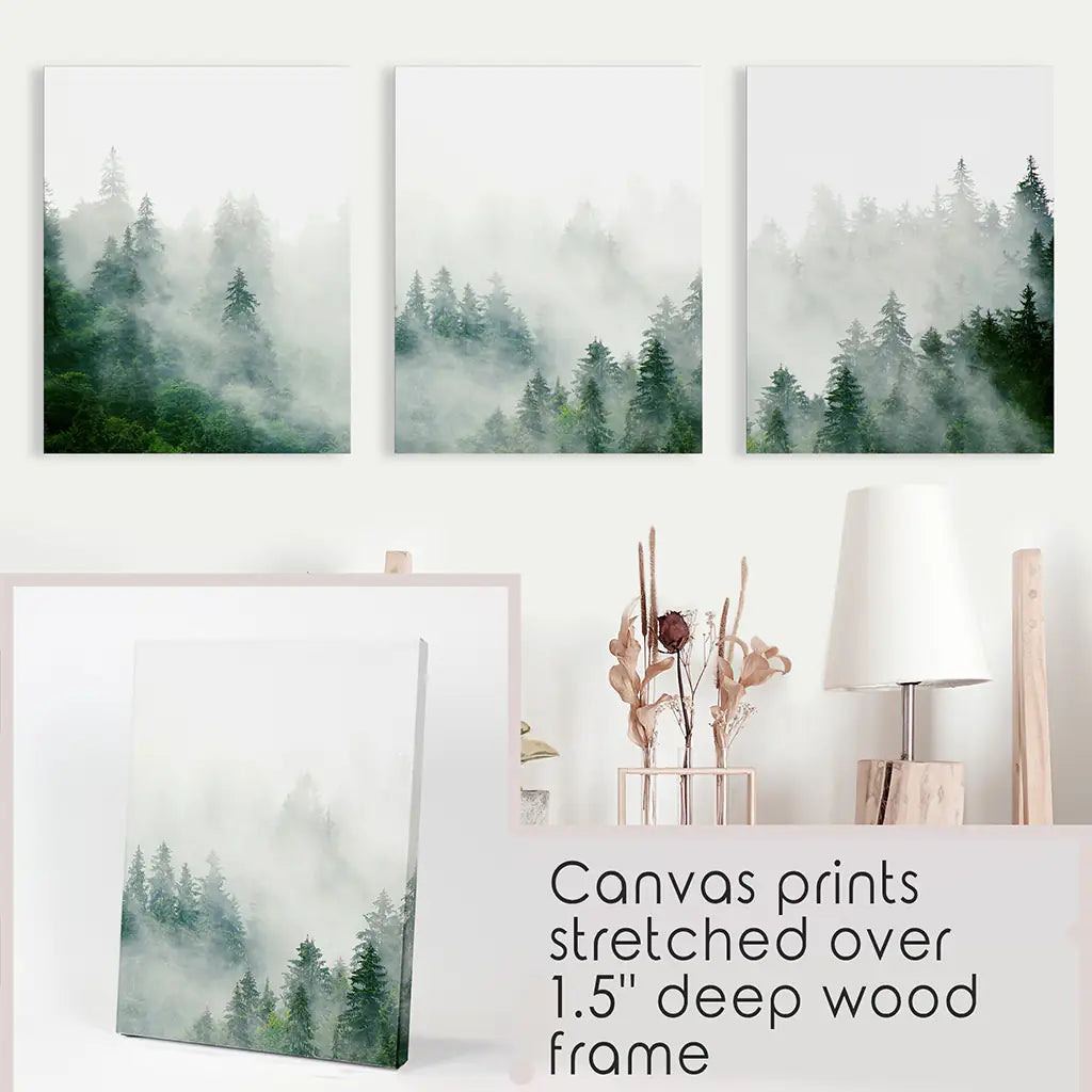 Green Foggy Forest 3 Panels Wall Decor. Stretched Canvases