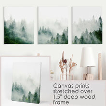 Load image into Gallery viewer, Green Foggy Forest 3 Panels Wall Decor. Stretched Canvases
