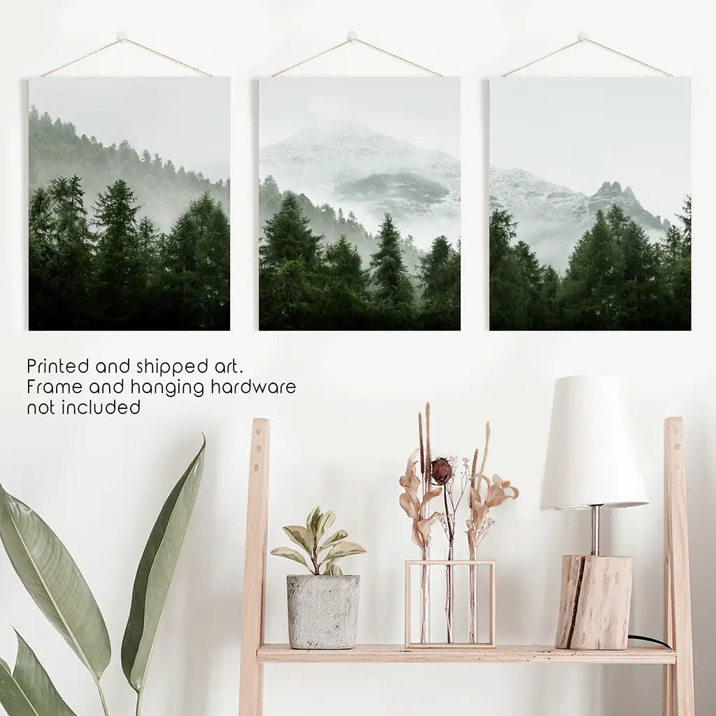 Green Mountain Forest 3 Piece Wall Art. Foggy Nordic Nature