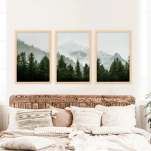 Load image into Gallery viewer, Green Mountain Forest 3 Piece Wall Art. Foggy Nordic Nature
