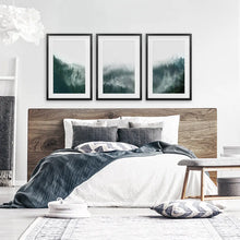 Load image into Gallery viewer, Nordic Foggy Large Forest. 3 Piece Set Triptych. Black Frames with Mat
