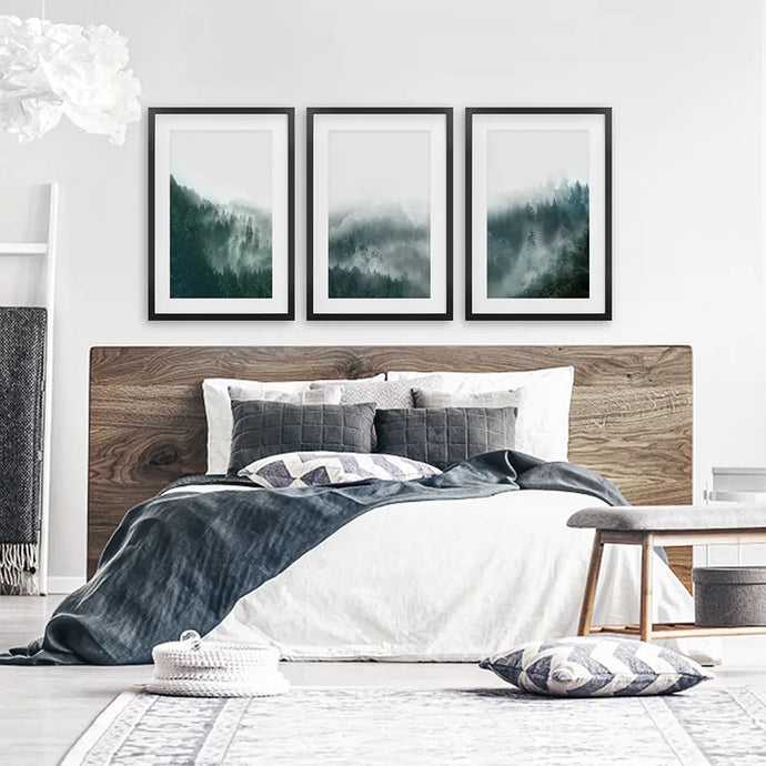 Nordic Foggy Large Forest. 3 Piece Set Triptych. Black Frames with Mat