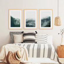 Load image into Gallery viewer, Nordic Foggy Large Forest. 3 Piece Set Triptych. Wood Frames with Mat
