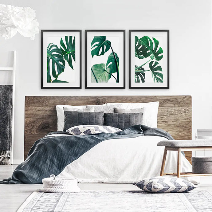 Tropical Set of 3 Monstera Wall Art. Green Leaf Decor. Black Frames with Mat