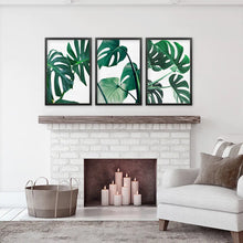 Load image into Gallery viewer, Tropical Set of 3 Monstera Wall Art. Green Leaf Decor. Black Frames

