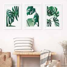 Load image into Gallery viewer, Tropical Set of 3 Monstera Wall Art. Green Leaf Decor. White Frames with Mat
