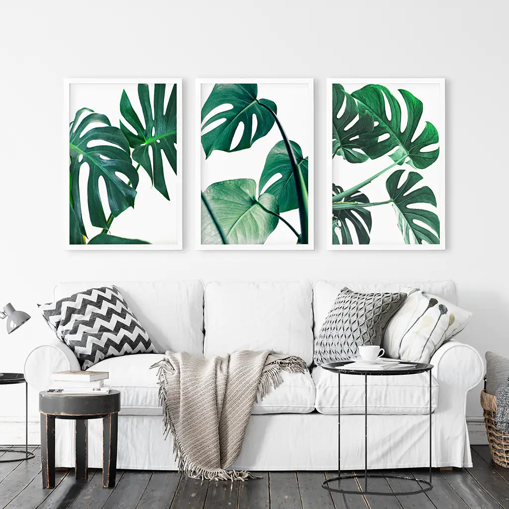 monstera wall decals 3 Piece Green Monstera Leaf Print Set. Tropical Decor White Frame