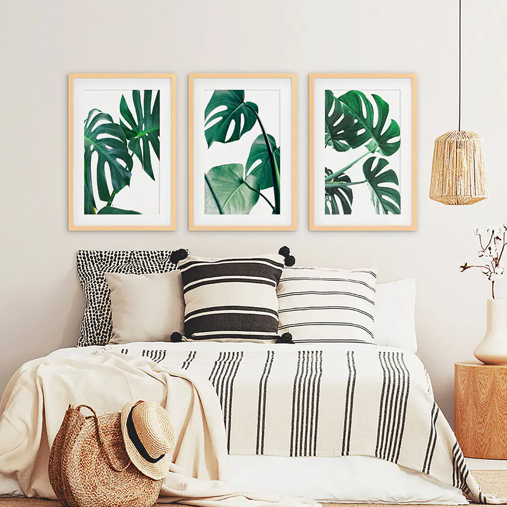 Tropical Set of 3 Monstera Wall Art. Green Leaf Decor. Wood Frames with Mat