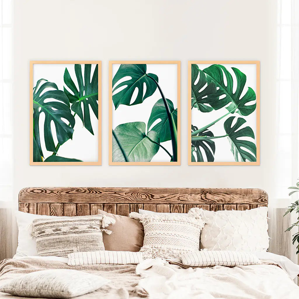 monstera decor 3 Piece Green Monstera Leaf Print Set. Tropical Decor Wood Frame