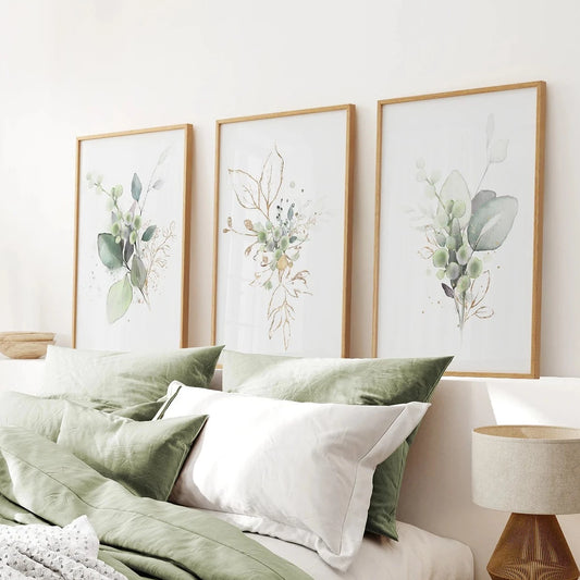 Green Watercolor Botanical Herbal Wall Art Set of 3 Prints