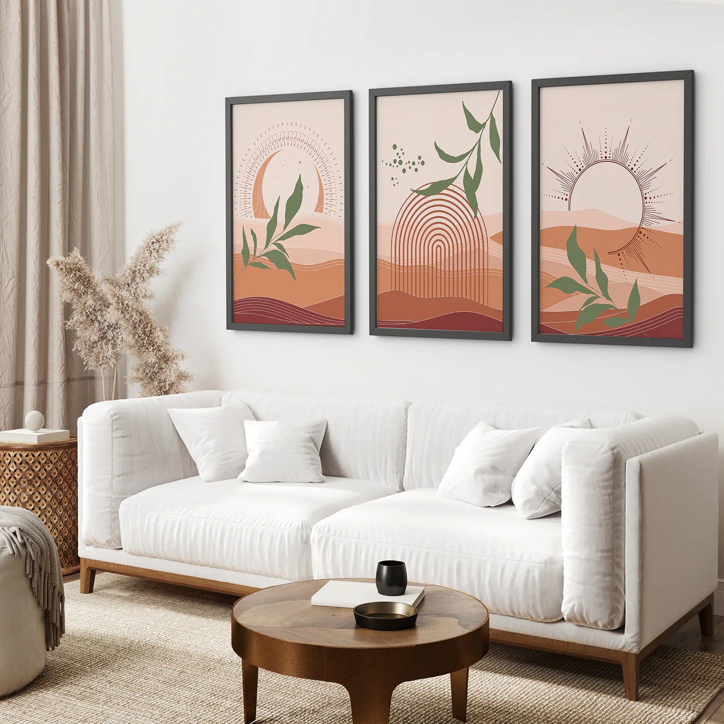 Boho Abstract Wall Art Set of 3 Prints. Green Leaves. Black Frame. Living Room
