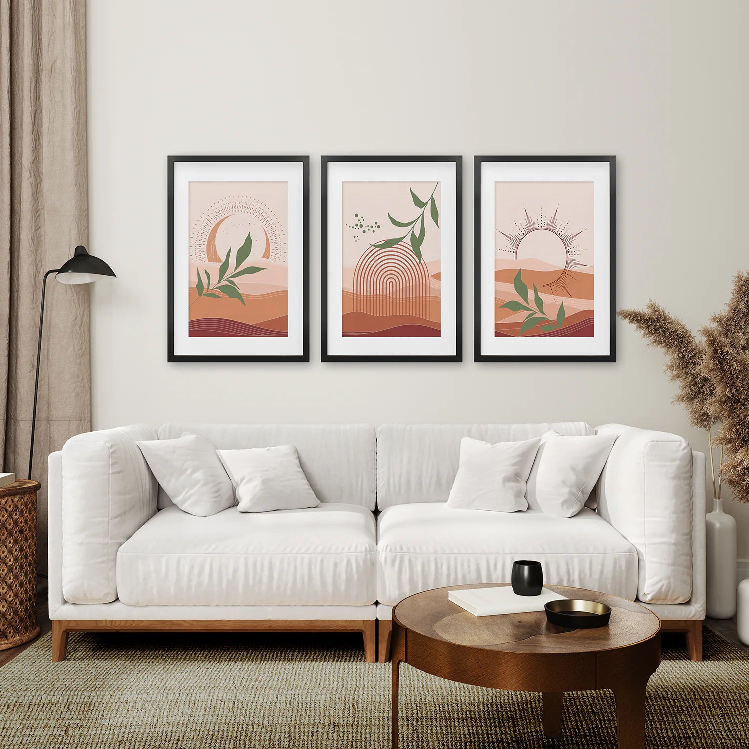 Boho Abstract Wall Art Set of 3 Prints. Green Leaves. Black Frame with Mat. Living Room
