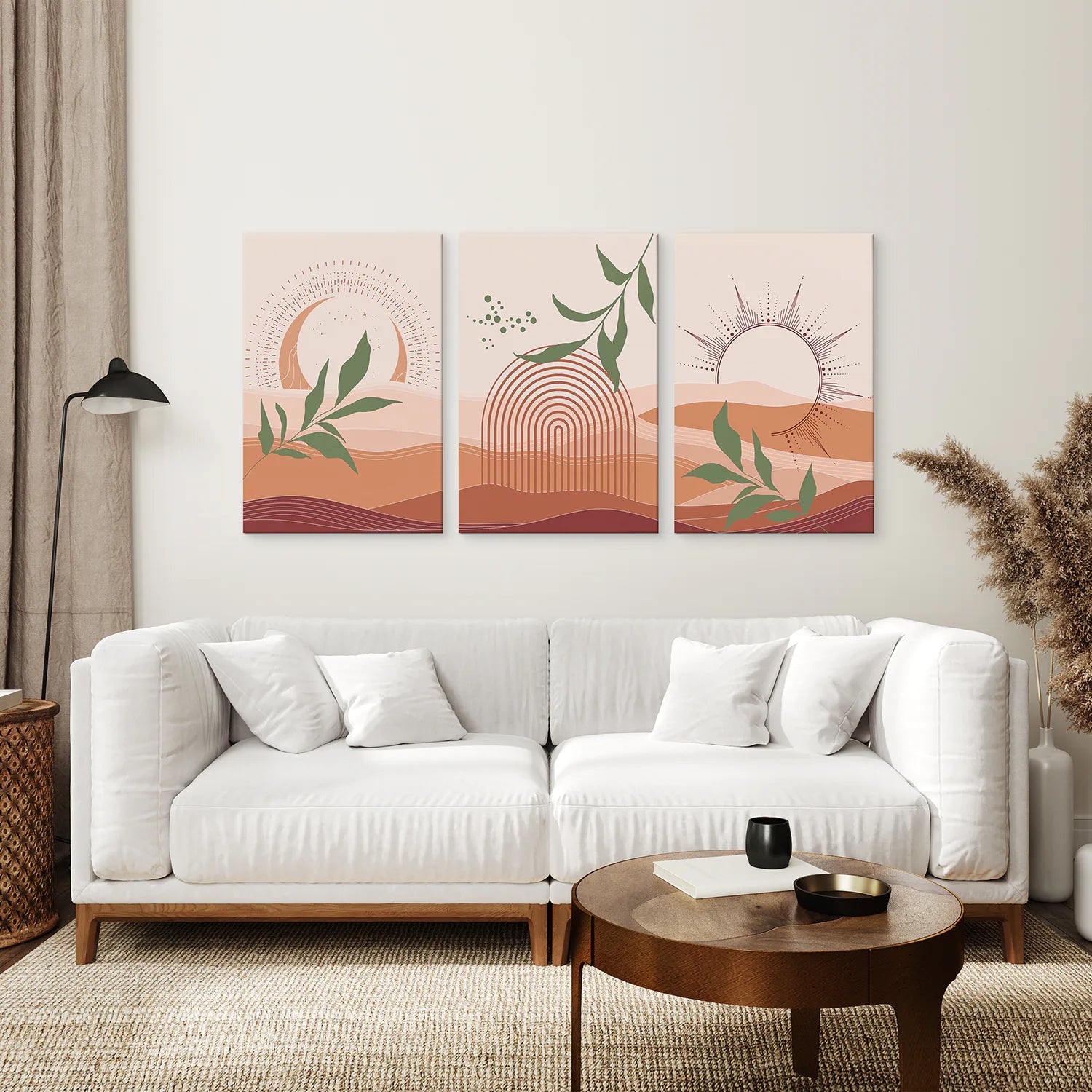 Boho Abstract Wall Art Set of 3 Prints. Green Leaves. Canvas Print. Living Room