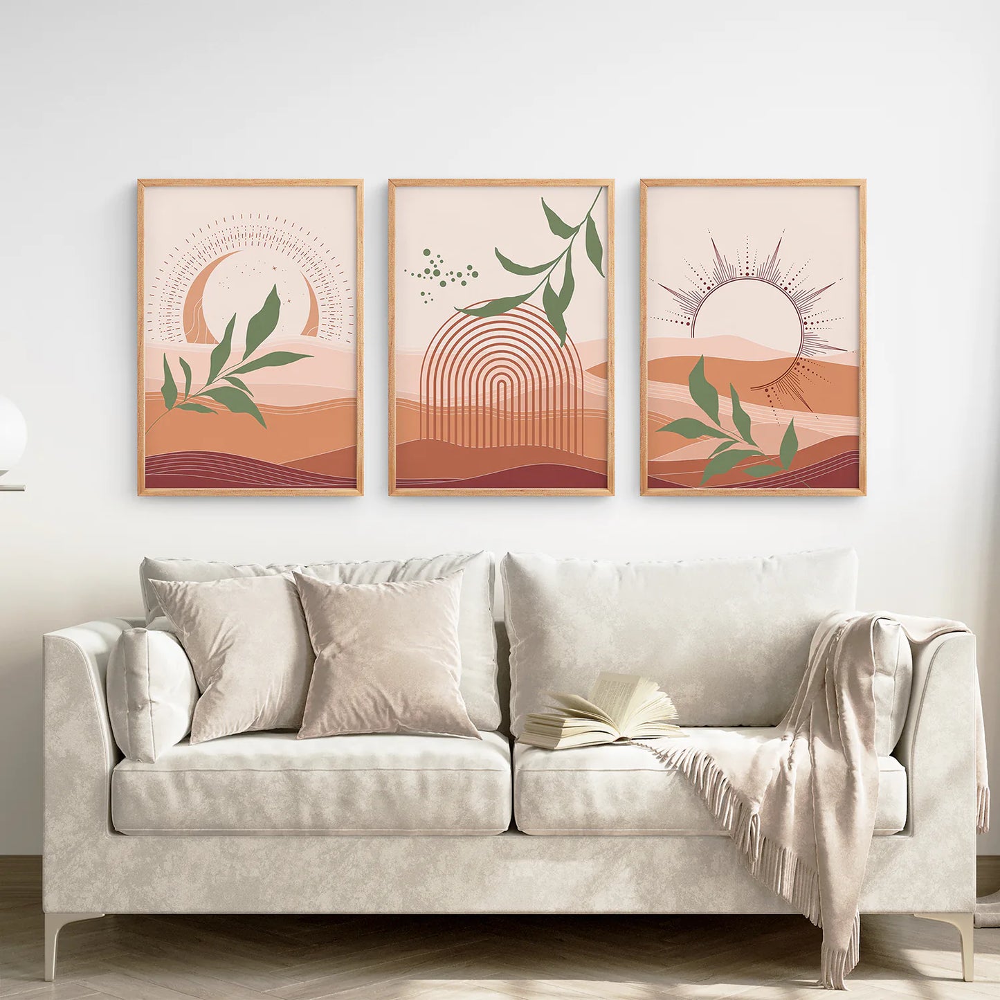 Boho Abstract Wall Art Set of 3 Prints. Green Leaves. Thinwood Frame. Living Room