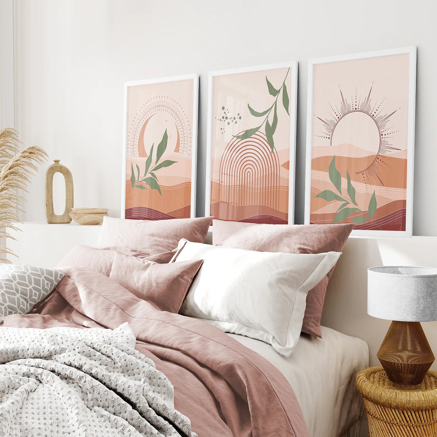 Boho Abstract Wall Art Set of 3 Prints. Green Leaves. White Frame. Bedroom