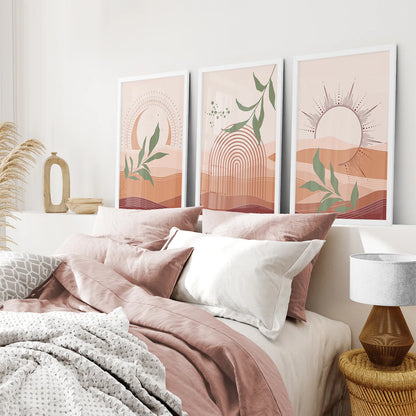 Boho Abstract Wall Art Set of 3 Prints. Green Leaves. White Frame. Bedroom