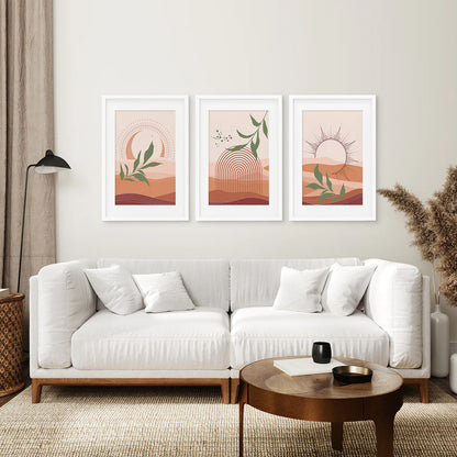Boho Abstract Wall Art Set of 3 Prints. Green Leaves. White Frame with Mat. Living Room