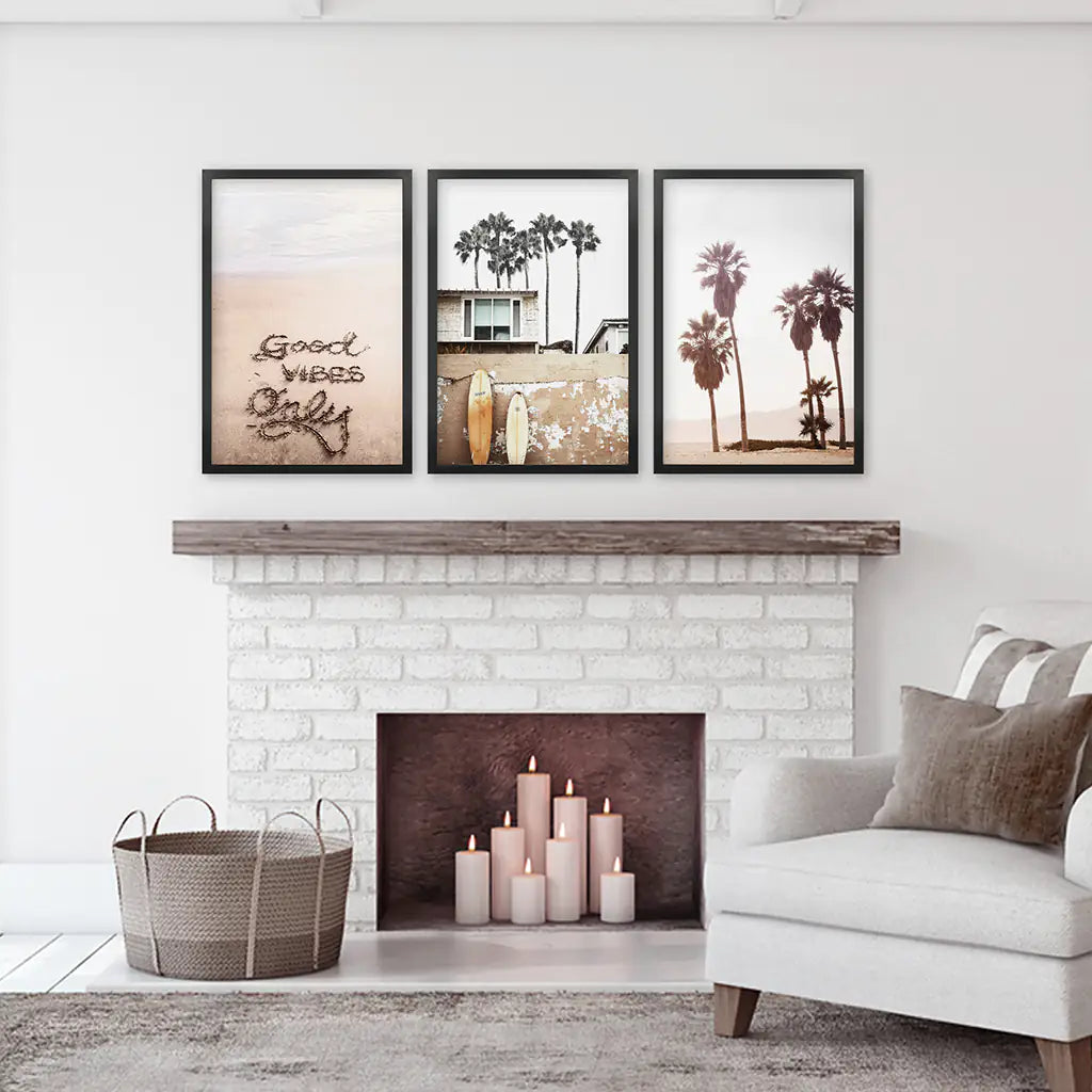 Boho Style Coastal Wall Decor. Good Vibes, Palm Trees, Surf