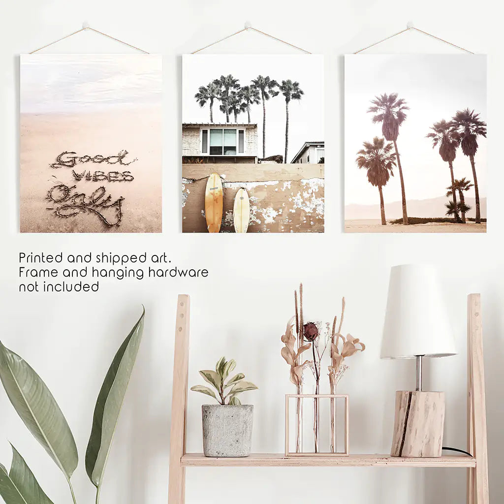 Boho Style Coastal Wall Decor. Good Vibes, Palm Trees, Surf