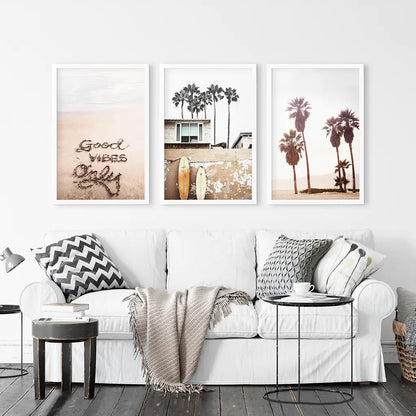 Boho Style Coastal Wall Decor. Good Vibes, Palm Trees, Surf