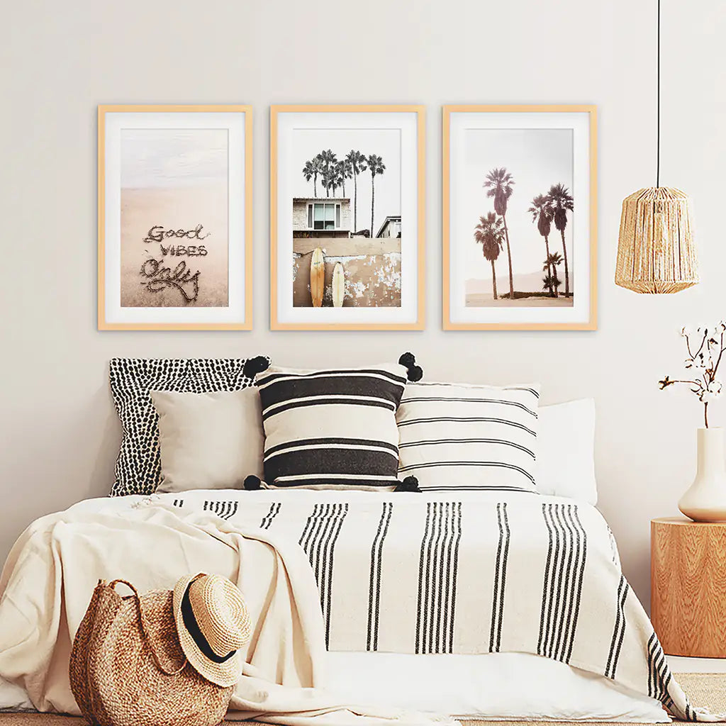 Boho Style Coastal Wall Decor. Good Vibes, Palm Trees, Surf