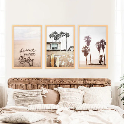 Boho Style Coastal Wall Decor. Good Vibes, Palm Trees, Surf