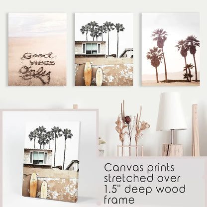 Boho Style Coastal Wall Decor. Good Vibes, Palm Trees, Surf