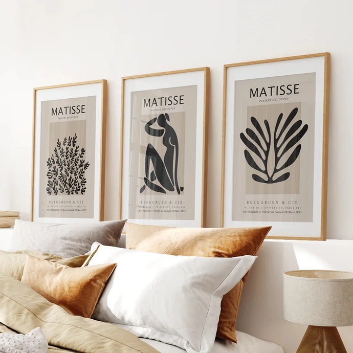 Black and Beige Matisse Set of 3 Posters. Vintage Style. Thinwood Frame with Mat. Bedroom