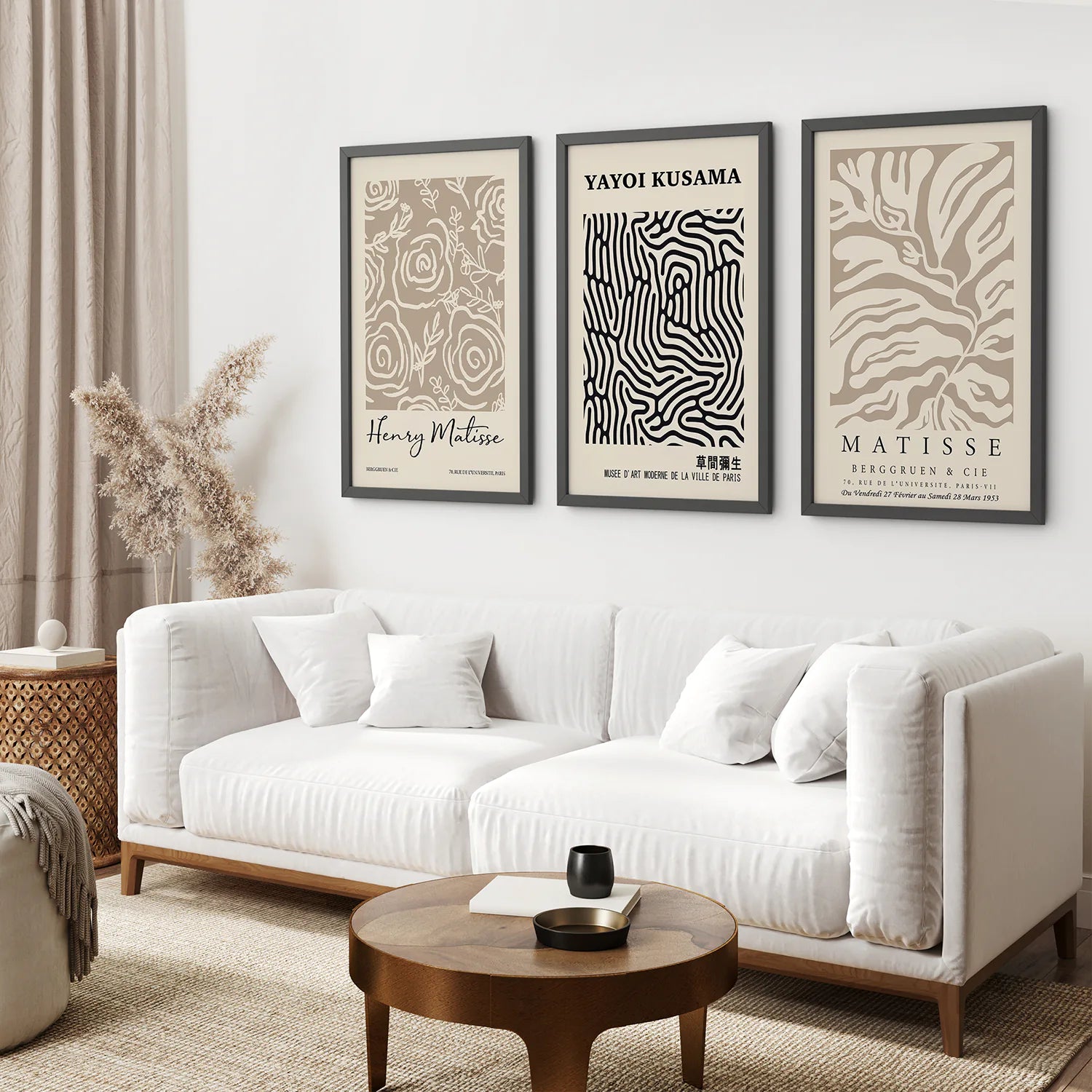 Set of 3 Pastel Beige Prints. Henri Matisse and Yayoi Kusama. Black Frame. Living Room