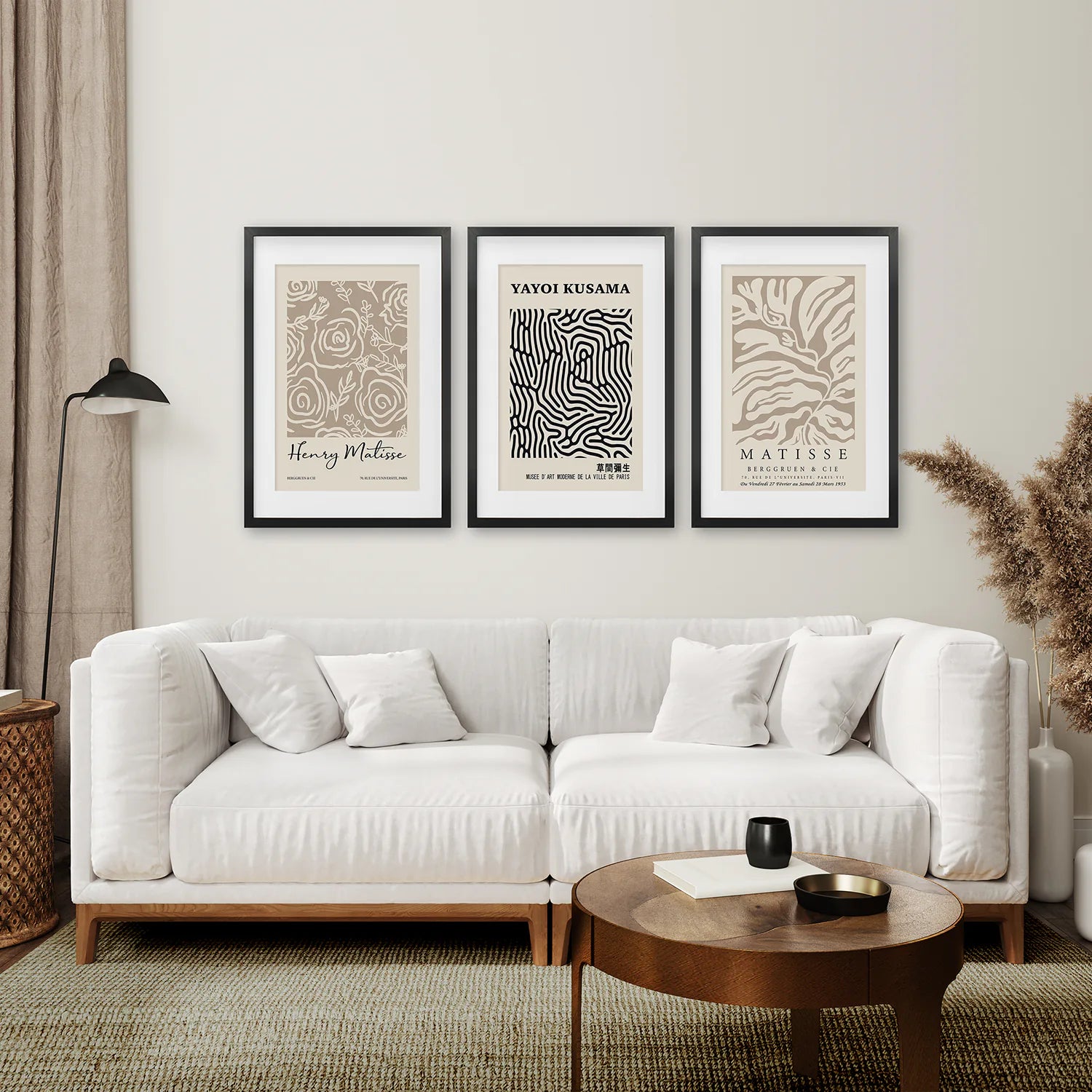 Set of 3 Pastel Beige Prints. Henri Matisse and Yayoi Kusama. Black Frame with Mat. Living Room