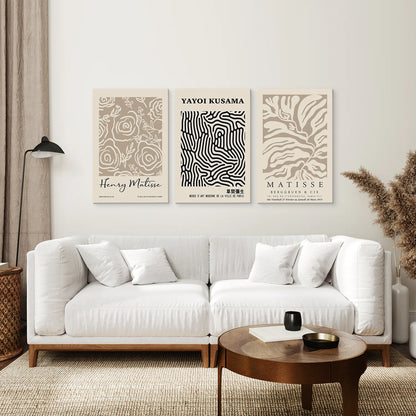 Set of 3 Pastel Beige Prints. Henri Matisse and Yayoi Kusama. Canvas Print. Living Room