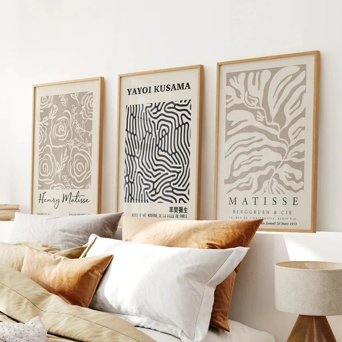 Set of 3 Pastel Beige Prints. Henri Matisse and Yayoi Kusama. Thinwood Frame. Bedroom