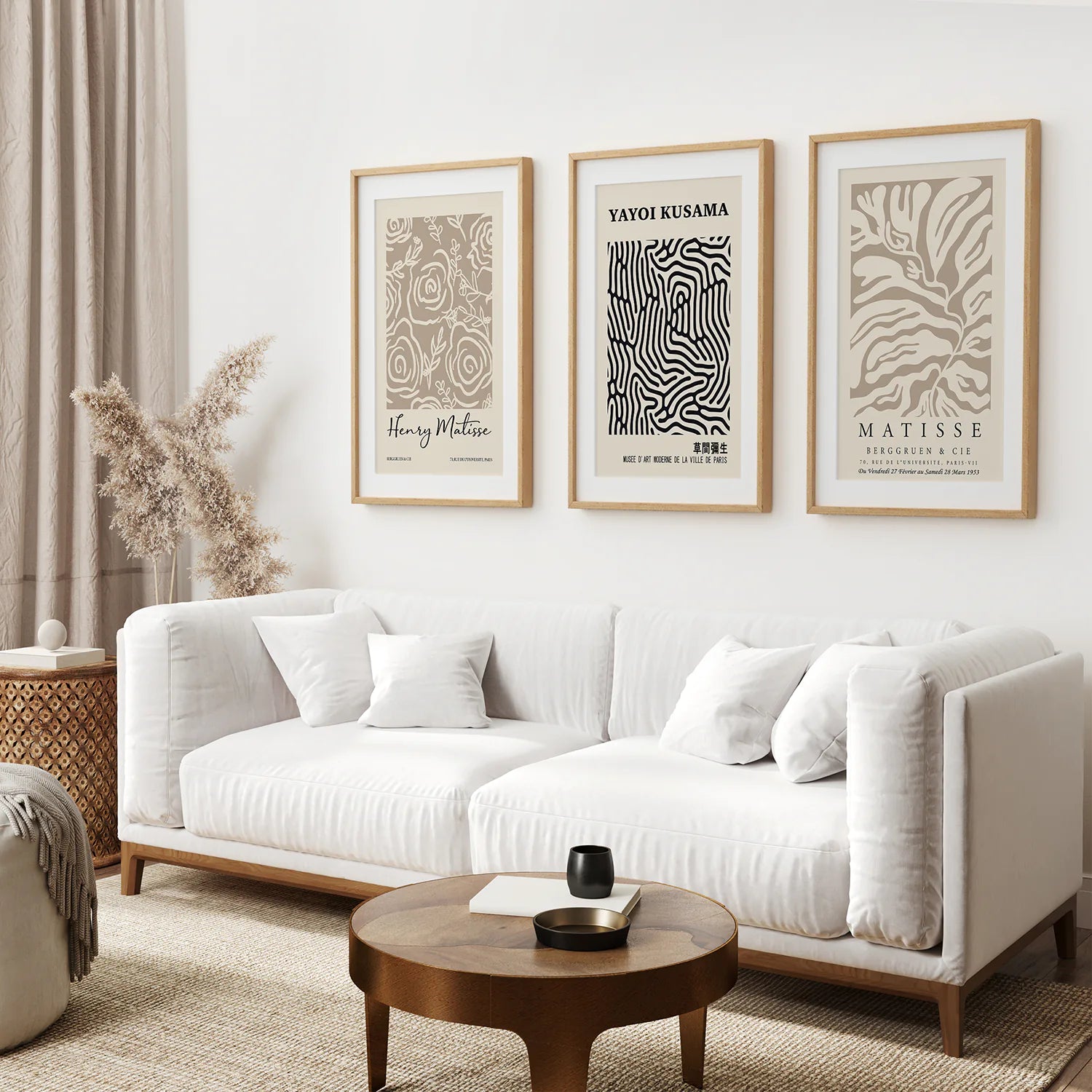 Set of 3 Pastel Beige Prints. Henri Matisse and Yayoi Kusama. Thinwood Frame with Mat. Living Room