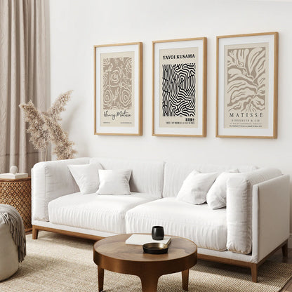 Set of 3 Pastel Beige Prints. Henri Matisse and Yayoi Kusama. Thinwood Frame with Mat. Living Room