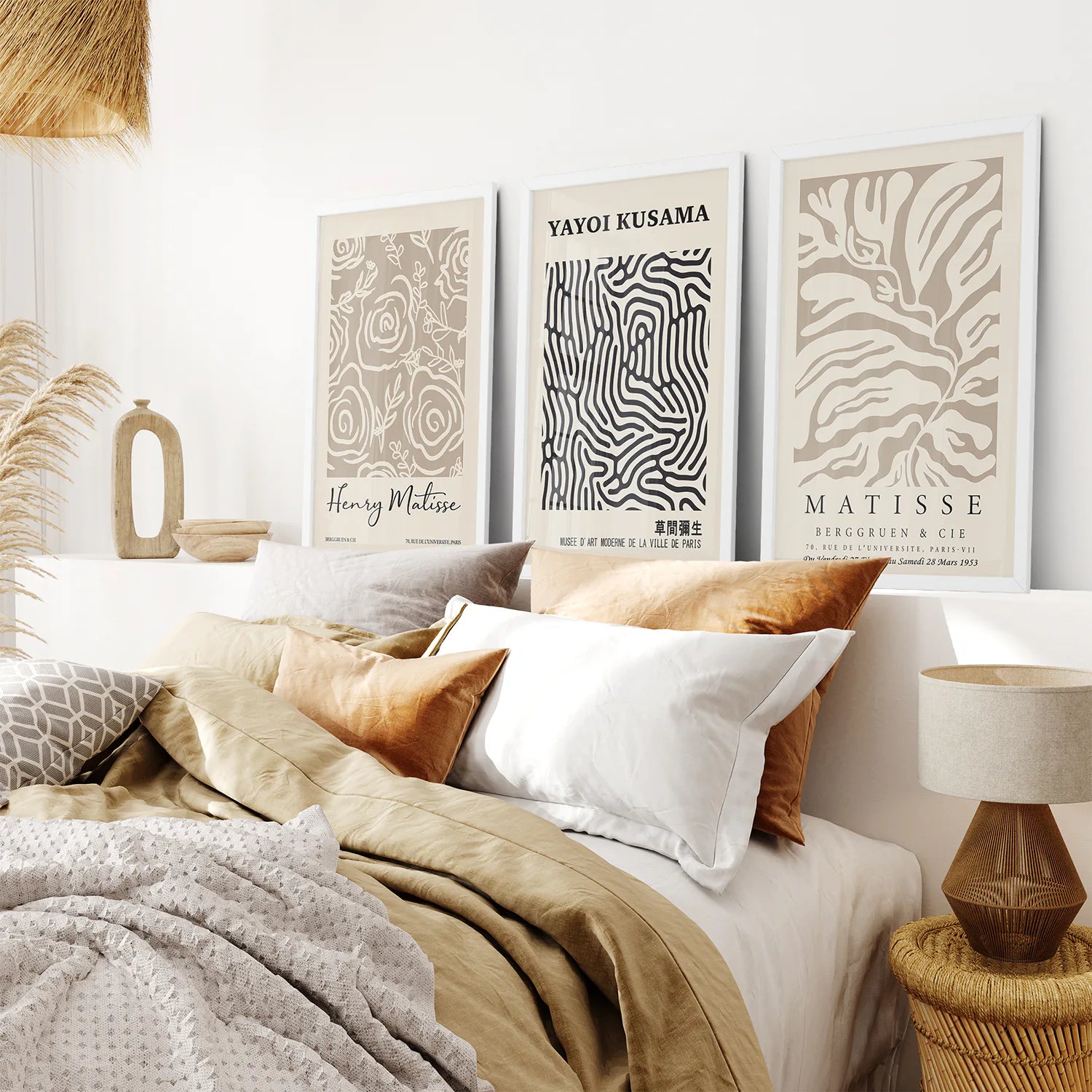 Set of 3 Pastel Beige Prints. Henri Matisse and Yayoi Kusama. White Frame. Bedroom