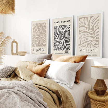 Set of 3 Pastel Beige Prints. Henri Matisse and Yayoi Kusama. White Frame. Bedroom