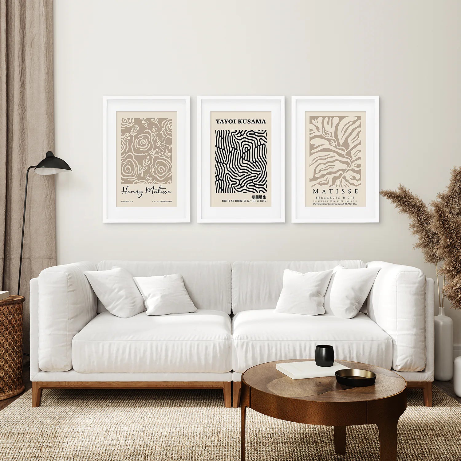 Set of 3 Pastel Beige Prints. Henri Matisse and Yayoi Kusama. White Frame with Mat. Living Room